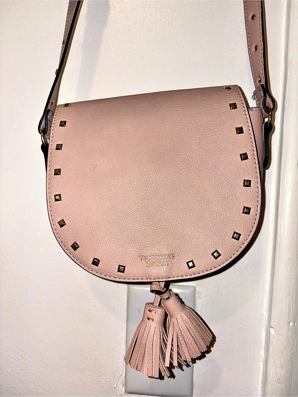 Victoria's Secret Studded Saddle Crossbody Bag with Tassel in Blush Pink